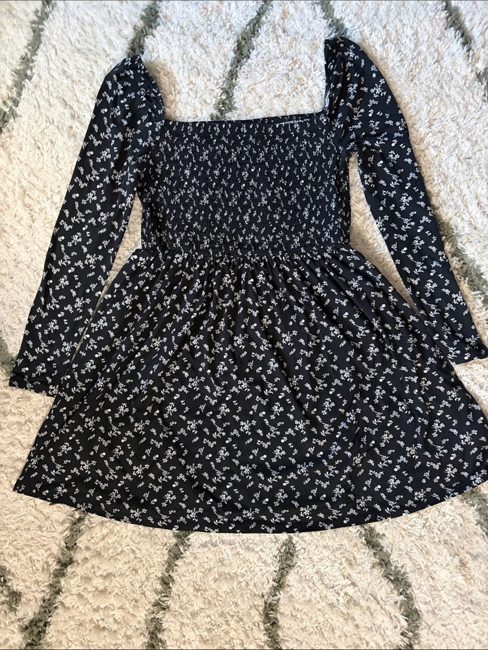 Ardene Black Floral Smocked Long-Sleeve Dress